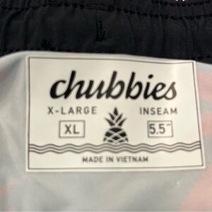 Chubbies XL Swim Black Shorts with Palm Tree Print. Liner is Aqua w/Pink Palms